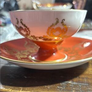 Vintage Aynsley Tea Cup Set.‎ Rare Orange & Gold Footed Floral/ Fruit Design